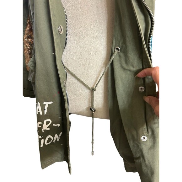 Zara Trafaluc Anorak Utility Jacket Army Green Sequin Embroidered Full Z… - Picture 12 of 13